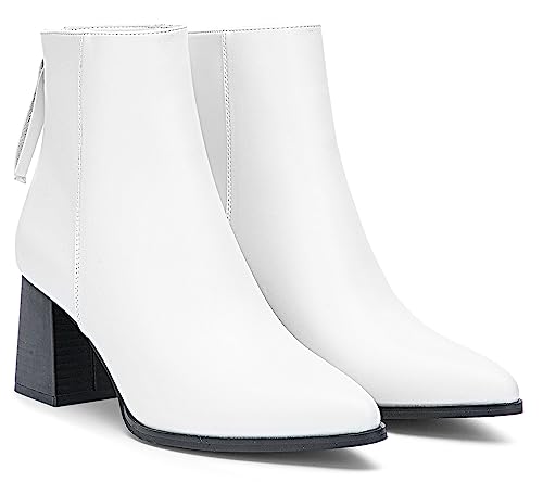 Jeossy Women's 9635 Chunky Heeled Ankle Boots | White Pointed Toe Stacked Block Heel Booties With Zipper Size 8(Djy9635 White 08) #TOP5