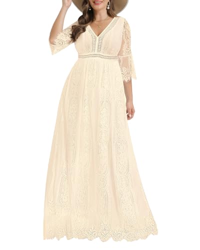 Women Plus Size Beige Maxi Dress Long Lace Boho Wedding Bohemian Flowy Photoshoot Bridal Shower Maternity Country Bride