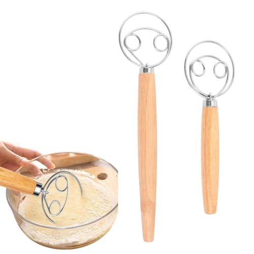 GXGM 2 piezas Batidor de masa danesa,Batidor de Masa Danés de 33 cm y 25.5 cm, con mango largo de madera, batidor para pan, galletas y pasteles, herramienta manual para amasar y hornear