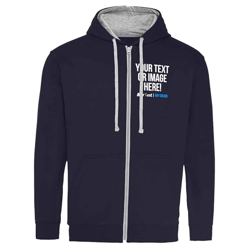 Image of Purple Print House Custom Zipped Up Varsity Hoodie Mens Womens College Team Style Any Text Image Photo Personalised Work Company Logo Uniform Full Length Zipper Hoody Hooded, L, Navy/Grey