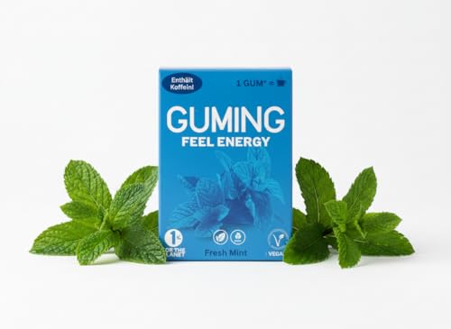 GUMING 40x Energy Kaugummi mit 60mg Koffein/Gum, Guarana, Vitamin C & B6, Vegan, zuckerfrei (40 Stück, 4 Packungen a 10 Gums: Minze, Kirsche, Beere)