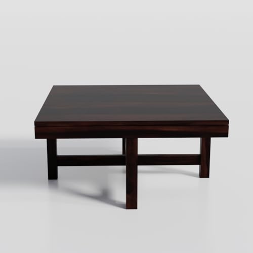Image of Solid Sheesham Wood Coffee Table with 4 Stool | Square Centre Table with Stool | Center Table with 4 Stools for Living Room|Patio Table with 4 Puffy for Home| wallnut Finish, Pre Assembled