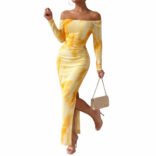 Image of LIGHT DOT Women's Printed Off Shoulder Maxi Dress Long Sleeve Bodycon Ruched Mesh Cocktail Dress