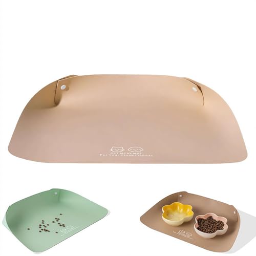 Cat Dog Food Mat, Waterproof Non Slip Leather Pet Feeding Mat for Cats and Small Dogs, Easy Clean Raised Edge to Contain Spills, BPA Free with Grippers (Khaki)