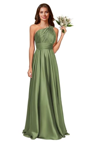 One Shoulder Bridesmaid Dresses for Women Ruffle Satin A Line Pleated Long Formal Evening Gown with Pockets