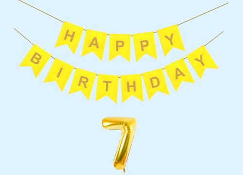 Image of 7th Happy Birthday Decoration Kit Yellow for 7 year Old Boys Girls Kids with Number Seven Party Decorations Decor Celebration Items Item Set Combo Reusable Paper Banner
