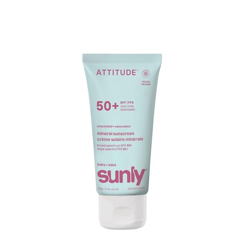 ATTITUDE Baby Mineral Sunscreen SPF 50, Broad Spectrum Zinc Oxide, EWG Verified, Mineral-Based, Non-Nano, Lightweight Cream for Face & Body, Gentle Formula, Unscented, 3 Oz