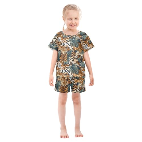ALAZA Leopard Zebra Palm Leaf Color Pajamas Short Sleeve 2 Piece Sleepwear Top and Bottom Pajama Set Unisex3
