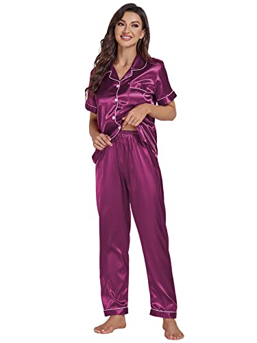 Lyaner Women’s Satin Button Down 2 Pieces Pajamas Set Short Sleeve Collared Sleepwear Pjs Loungewear Nightwear With Long Pants Purple Medium #TOP4
