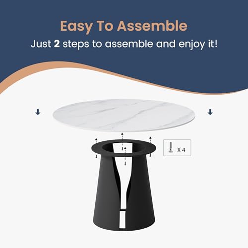 POVISON Round Dining Table Set for 4, White 47\" Sintered Stone Modern Dining Table with 4 PU Dining Chairs, 5 Pieces Round Dining Table Set for Living Dining Room, Kitchen - Thumbnail 7