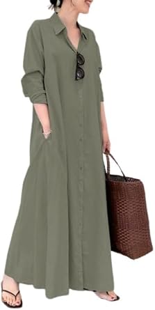 Womens Summer Classic Vintage Button Shirt Dress Seven Sleeve Side Pocket Solid Color Maxi Long Dresses