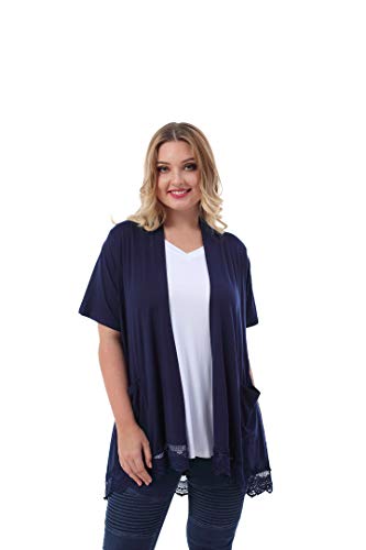 ZERDOCEAN Women's Plus Size Short Sleeve Lace Trim Lightweight Printed Drape Cardigan with Pockets