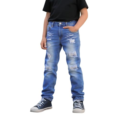 Boy's Skinny Fit Denim Pant Streetwear Retro Distressed Zipper Jeans with Pockets Hip Hop Clothes Comfy Stretch Trouser 5-14Y