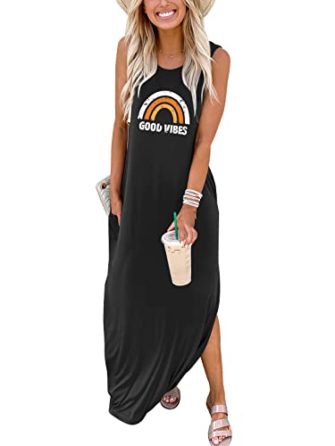 Good Vibes Rainbow Pocket Sleeveless Maxi Dress For Women Summer Hawaiian Beach Casual Tank Dresses 19Heiyinzi-L #TOP1