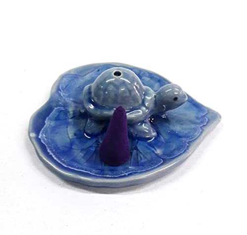 Dolphin Shop, Ceramic Incense Holder Stick Burner Small Turtle Blue With Leaf Tray Dish 1 Pc Handmade Cute Animal For Decorative Statue Home Indoor Outdoor Buddhist Massage Spa Yoga Office #TOP3