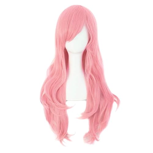 70cm Long Curly Cosplay Wig Pink or Dark Red Heat Resistant Synthetic Fibre Wavy Ends (Pink)
