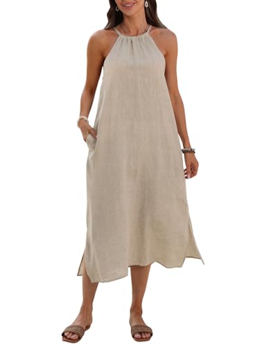 Image of Women's 100% Linen Midi Dress Halter Neck 2026 Dress Sleeveless Flowy Beach Sun Dresses with Pockets