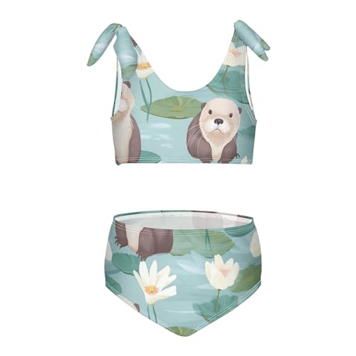 Girls' Bikini Set, Sea Otter Lotus Kids Swimsuit 2 Pcs Beach Bathing Suit