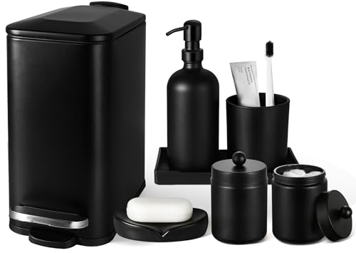 Black Bathroom Accessories Set, 7 Pcs Matte Black Bathroom Accessory Set with Trash Can, Soap Dispenser, Toothbrush Holder, Soap Dish, Vanity Tray, Qtip Holder, Modern Bathroom Sets Complete Decor by Kasunting - Used condition - US$37.00