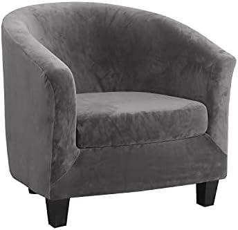 MIFXIN Tub Chair Slipcover 2-Piece Velvet Barrel Club Chair Covers with Cushion Cover Stretchy Soft Washable Armchair Sofa Couch Furniture Protector for Living Room Hotel Counter Cafe (Grey)