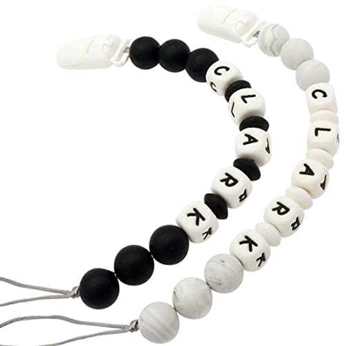 Personalized Pacifier Clip with Name, Customizable Pacifier Clip (2 Pack) (Black+Marble)