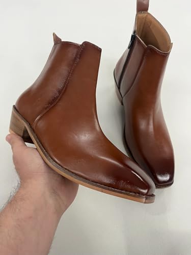 Image of LOZANO Italian Cut Classic Leather Chelsea Boots for Men | High Ankle Cuban Heel Square Toe Zip Closure Cushioned Insole Boot
