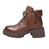 【Sanjucos】 厚底 ショートブーツ 太ヒール レディース サイドジッパー 5cm レトロ風 美脚効果 アンクルブーツ 前厚 レースアップ オシャレ カジュアル おしゃれ 身長アップ 防水 ブラウン