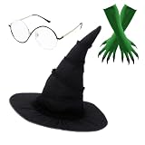 FKCQRJW 4PCS Green Witch Costume Accessories, Witch Hat & Glasses & Gloves, Dress Up for Halloween Movie Cosplay Props, Suitable for Fan Women Role-playing Party
