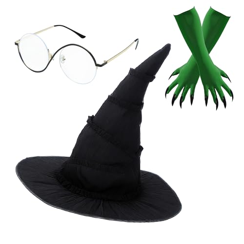 FKCQRJW 4PCS Green Witch Costume Accessories, Witch Hat & Glasses & Gloves, Dress Up for Halloween Movie Cosplay Props, Suitable for Fan Women Role-playing Party