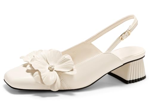 Coutgo Womens Slingback Chunky Heels Flower Closed Square Toe Pumps Work Dress Shoes