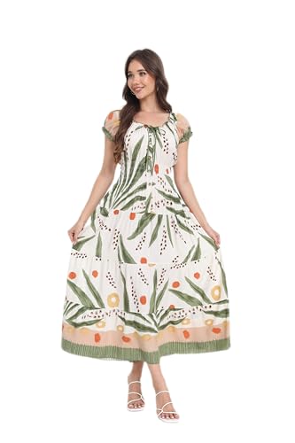Image of Women's Boho Floral Maxi Dress, Short Sleeve Smocked Tiered Summer Casual Beach Dress