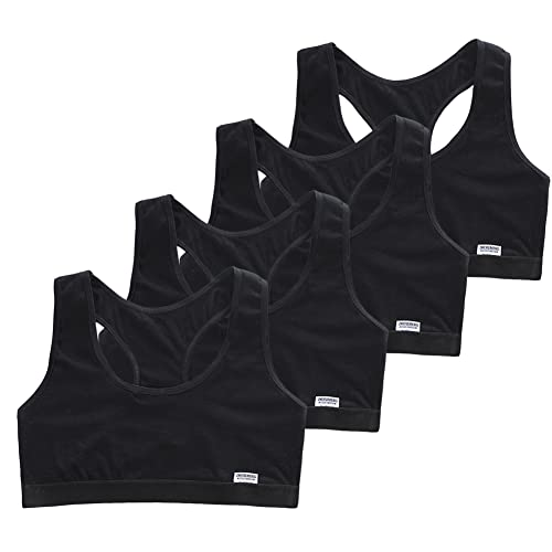 Training Racerback Bras 9-14 Years Girl's Starter Seamless Sports Cotton Bras Thin Soft Breathable Bra - 4 Pack (Black)