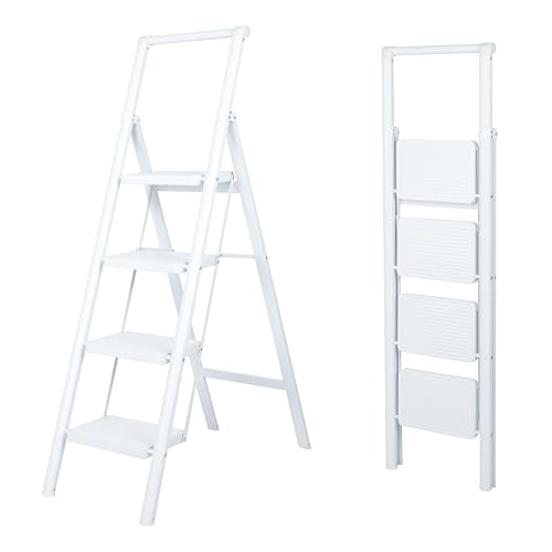 UZIRO Échelle Légère Décorative Blanche - Marche Pied 4 Marches Pliable, Escabeau 4 Marches Pliable en Aluminium, Escabot 4 Marches Pliable, Design Moderne et Polyvalent pour la Maison