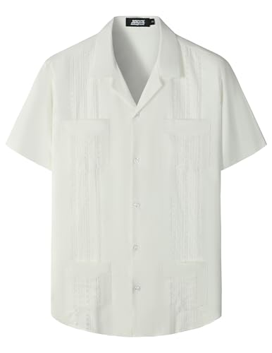 JOGAL Mens Guayabera Shirts Cuban Short Sleeve Casual Button Down Beach Shirt White X-Large