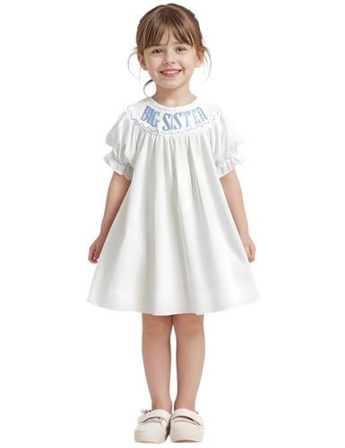 Big Sister Smocked Dress Toddler Little Girls Puff Short Sleeve Letters Embroidery Bishop Dress