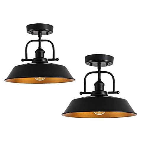 WNOMDY Industrial Metal Semi Flush Mount Ceiling Light Fixture,Farmhouse Lamp Black and Gold Close to Ceiling Light for Hallway Entryway Foyer Kitchen Island Living Room Bedroom,E26,12.6in,2 Pack Cover