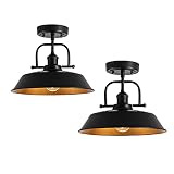 WNOMDY Industrial Metal Semi Flush Mount Ceiling Light Fixture,Farmhouse Lamp Black and Gold Close t