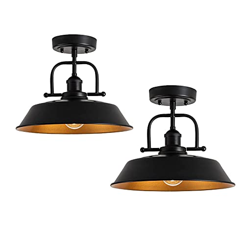 Wnomdy Industrial Metal Semi Flush Mount Ceiling Light Fixture,Farmhouse Lamp Black And Gold Close To Ceiling Light For Hallway Entryway Foyer Kitchen Island Living Room Bedroom,E26,12.6In,2 Pack #TOP18