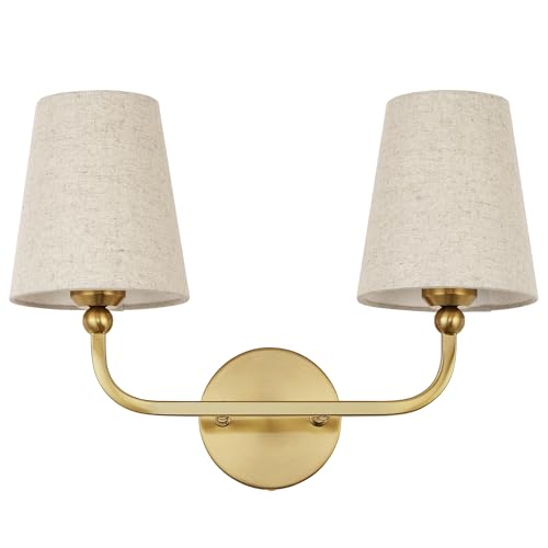 Image of 2-Light Bathroom Light Fixtures, Brushed Gold Vanity Lights, Double Wall Sconce with Brown Fabric Shade, Modern Sconces Wall Lighting for Hallway Bedroom Stairway, VL837-BG-L-2