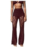 RoseSeek Women's Floral Lace Sheer Mesh Flare Pants Elastic High Waisted Long Trousers Redwood X-Large