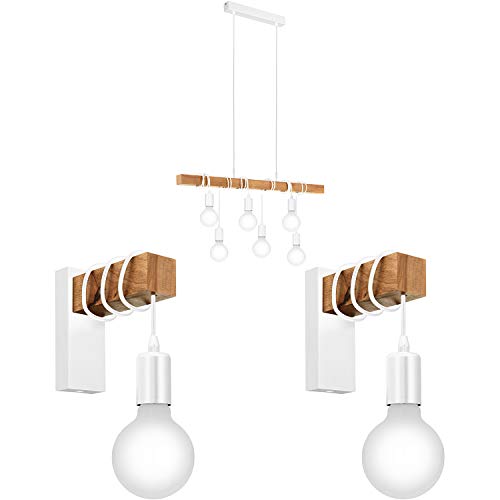 Image of Multi-Bulb Ceiling Pendant Light & 2X Matching Wall Lights - White & Wood Trendy - Linear Adjustable Spotlight Hanging Kitchen Island Set Kit