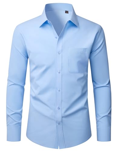Alimens & Gentle Mens Dress Shirts Long Sleeve Slim Fit Stretch Formal Casual Button Down Blue Shirts with Pocket L