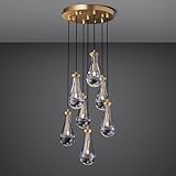 Joyunleo 7 Light Raindrop Chandeliers, Brass Teardrop Cluster Pendant Lights Kitchen Island, Gold Dining Room Chandeliers Over Table Hanging Pendant Lighting for High Ceiling, Entryway Staircase