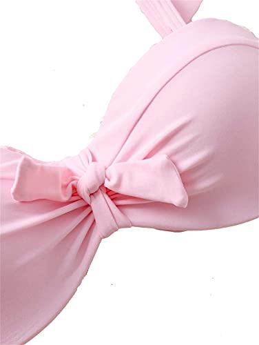 Lilosy Cute Flamingo Bandeau Underwire Padded Push Up Thong Bikini Swimsuit Set For Women Ruffle Strap Knotted Top And Side Tie Bottom Bathing Suit Pink Small #TOP3