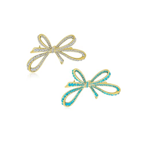 Image of Bling Jewelry Set of Two Winter Wedding Holiday Clear Glittering Crystal Bridal Fashion Large Statement Ribbon Bow Scarf Brooch Pin For Women Silver Gold Plated