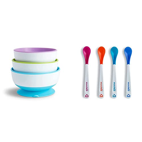 Munchkin Stay Put Baby Suction Bowl Set - Baby Bowls for Weaning & Toddler Feeding, Suction Dish Pack with White Hot Spoons & Colour Changing Heat Alert