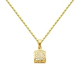 The World Jewelry Center 14k Real Yellow Gold Rounded Square CZ Pendant with 1mm Snail Link Chain...