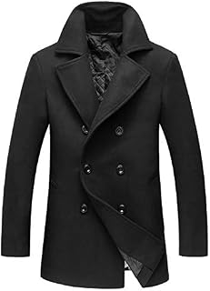 chouyatou Men's Classic Notched Collar Double Breasted Wool Blend Pea Coat (Large, Black)