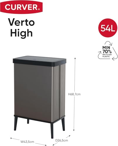 Curver Verto High 54L Mülleimer mit Push Deckel, optimal für Küche, einfache Sortierung, schlankes Design, mit Füßen, grau, 26,5 x 43,5 x 68,7 cm