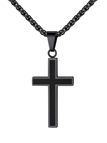 U7 Cool Black Simple Cross Necklace Baptism Gift Men Enamel